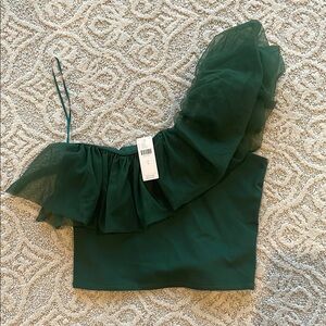 Anthropologie Green One-Shoulder Ruffle Top